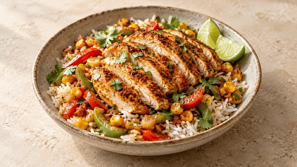 Poulet cajun poêlé avec riz, poivrons et maïs