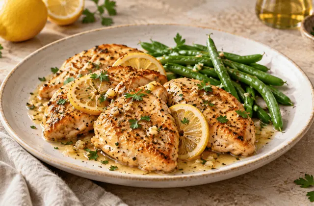 Poulet doré au citron et à l’ail avec haricots verts