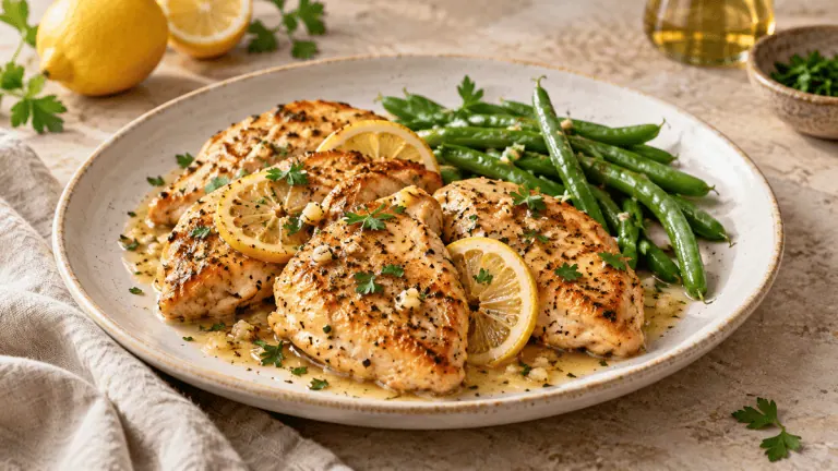 Poulet doré au citron et à l’ail avec haricots verts