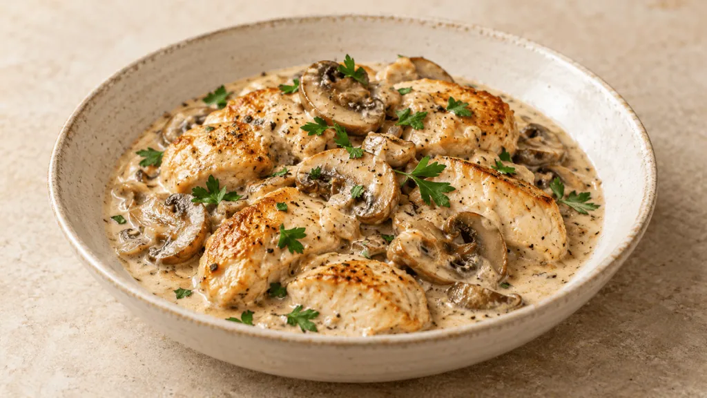 Poulet doré dans une sauce crème aux champignons de Paris