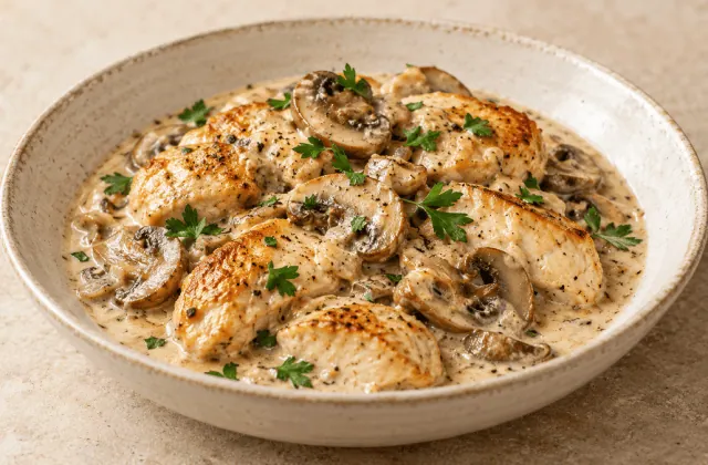 Poulet doré dans une sauce crème aux champignons de Paris