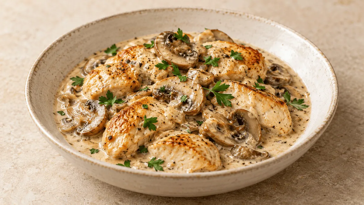 Poulet doré dans une sauce crème aux champignons de Paris