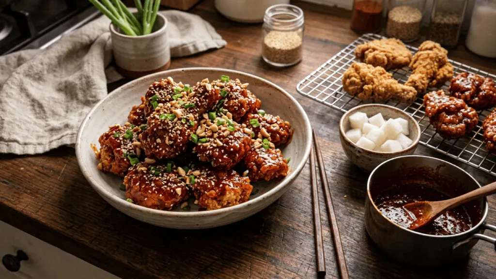 Poulet frit coréen yangnyeom laqué de sauce gochujang brillante, sésame et cacahuètes, radis marinés et sauce