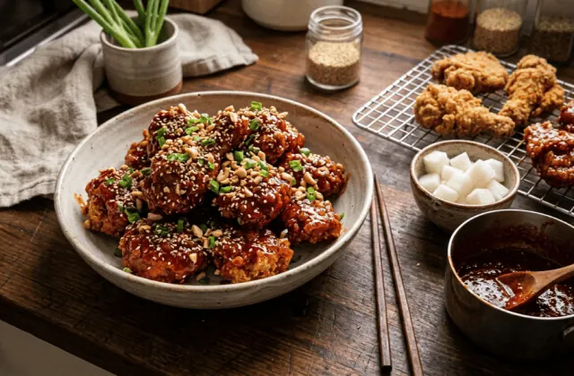 Poulet frit coréen yangnyeom laqué de sauce gochujang brillante, sésame et cacahuètes, radis marinés et sauce