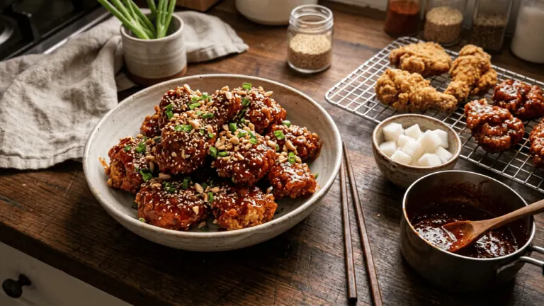 Poulet frit coréen yangnyeom laqué de sauce gochujang brillante, sésame et cacahuètes, radis marinés et sauce