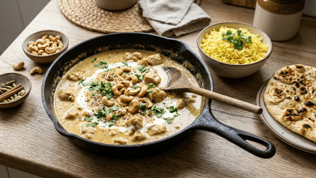 Poulet korma aux noix de cajou dans une poêle, sauce crémeuse dorée, cajou grillées et coriandre, riz au safran et naan