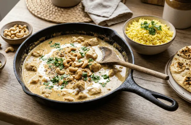 Poulet korma aux noix de cajou dans une poêle, sauce crémeuse dorée, cajou grillées et coriandre, riz au safran et naan