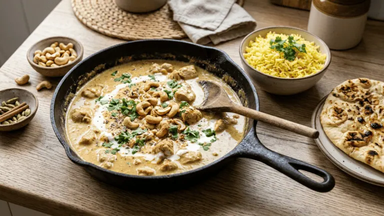 Poulet korma aux noix de cajou dans une poêle, sauce crémeuse dorée, cajou grillées et coriandre, riz au safran et naan