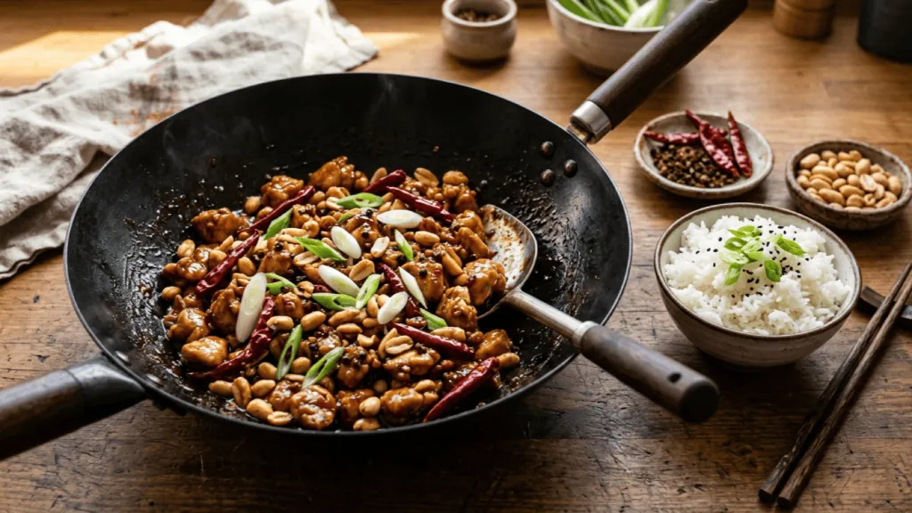 Poulet kung pao du Sichuan dans un wok, sauce brillante aux cacahuètes, piments séchés et ciboule, riz blanc
