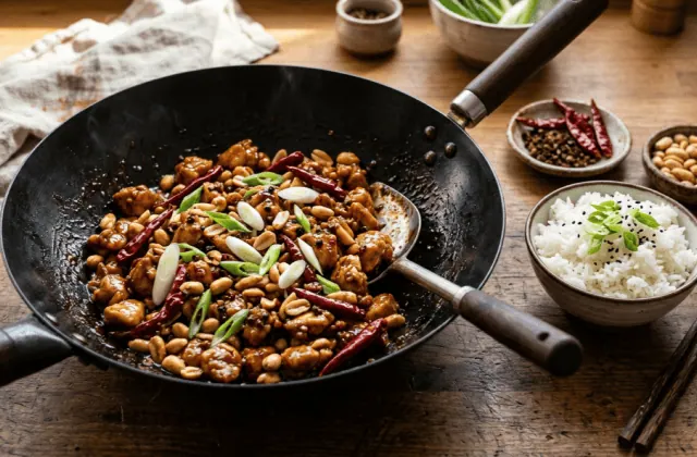Poulet kung pao du Sichuan dans un wok, sauce brillante aux cacahuètes, piments séchés et ciboule, riz blanc