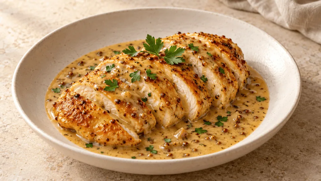 Blanc de poulet poêlé nappé d’une sauce crémeuse au miel et à la moutarde