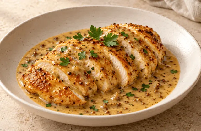 Blanc de poulet poêlé nappé d’une sauce crémeuse au miel et à la moutarde