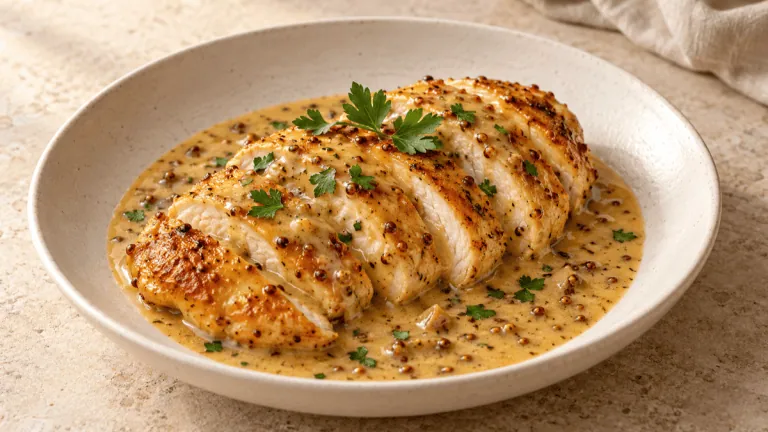 Blanc de poulet poêlé nappé d’une sauce crémeuse au miel et à la moutarde