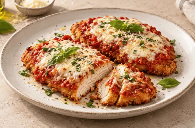 Escalopes de poulet panées à la tomate, mozzarella, parmesan et basilic