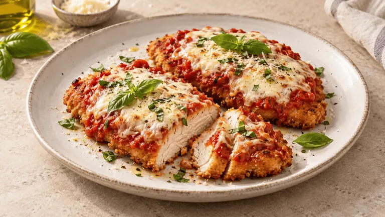 Escalopes de poulet panées à la tomate, mozzarella, parmesan et basilic