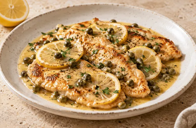 Escalopes de poulet piccata avec sauce citron, câpres et persil