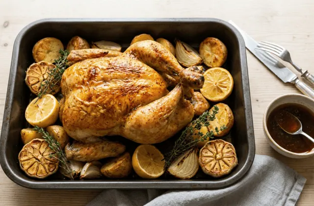 Poulet rôti maison à la peau croustillante dans son plat avec pommes de terre, ail rôti, citron et thym