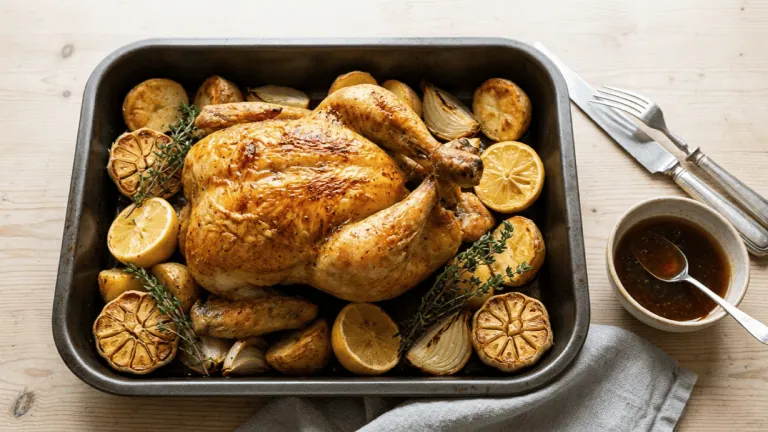 Poulet rôti maison à la peau croustillante dans son plat avec pommes de terre, ail rôti, citron et thym