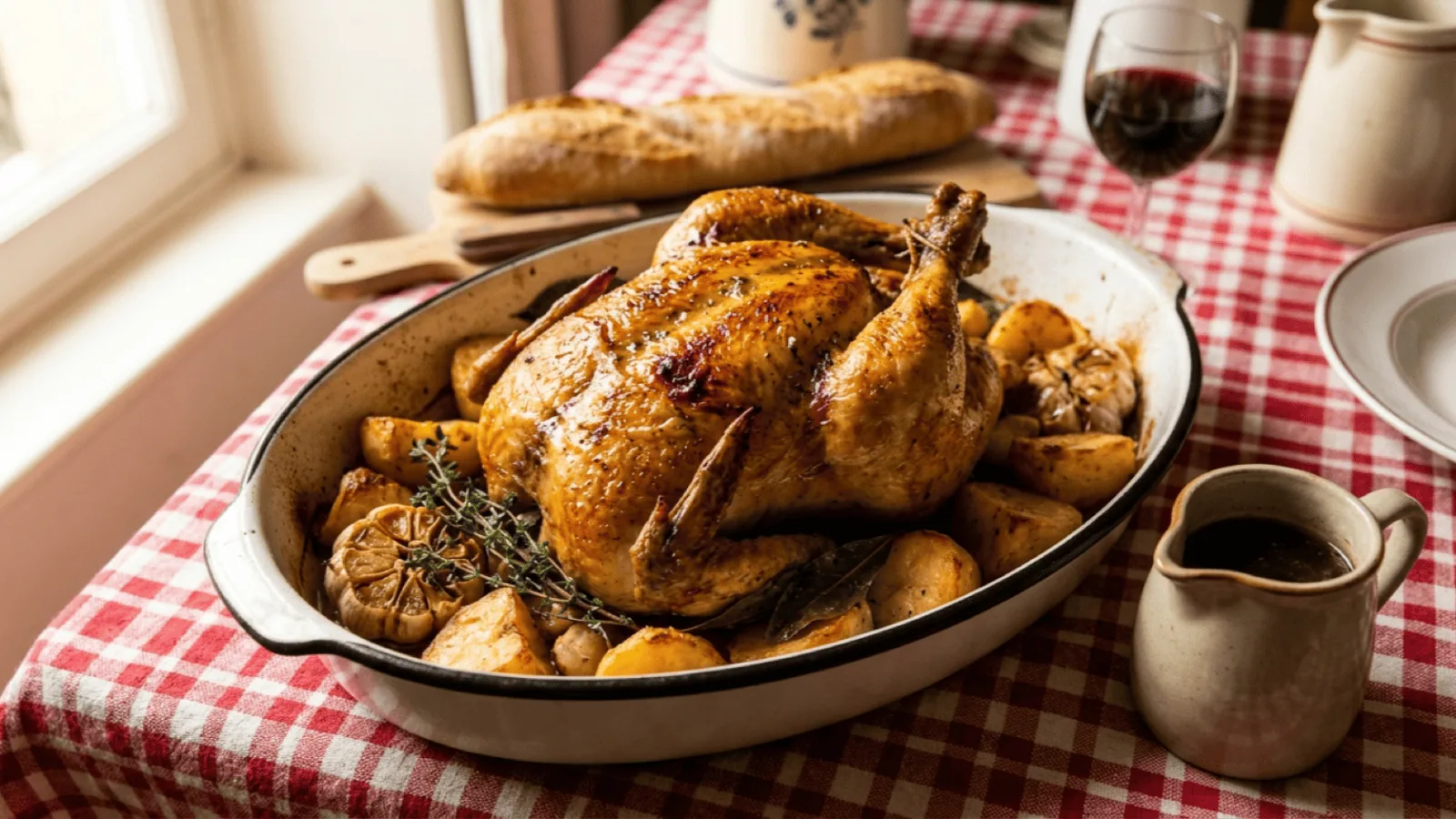 Poulet rôti du dimanche à la peau dorée et croustillante dans son plat, entouré de pommes de terre rôties, d’ail et de thym, avec un pot de jus