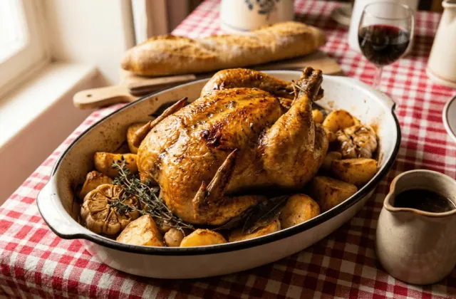 Poulet rôti du dimanche à la peau dorée et croustillante dans son plat, entouré de pommes de terre rôties, d’ail et de thym, avec un pot de jus