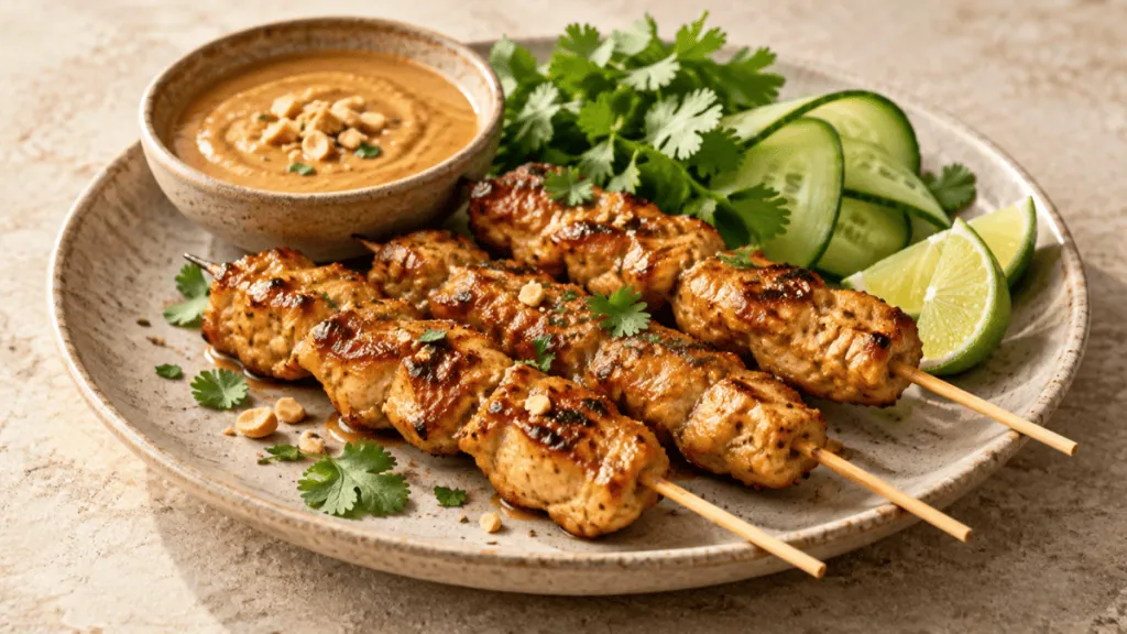 Brochettes de poulet satay avec sauce cacahuète, concombre et citron vert