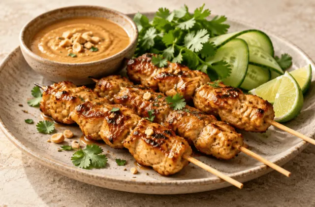 Brochettes de poulet satay avec sauce cacahuète, concombre et citron vert