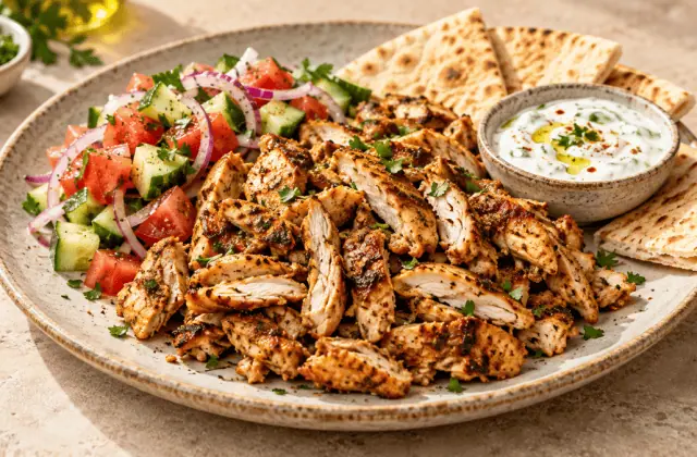 Poulet shawarma épicé avec salade, sauce au yaourt et pain pita