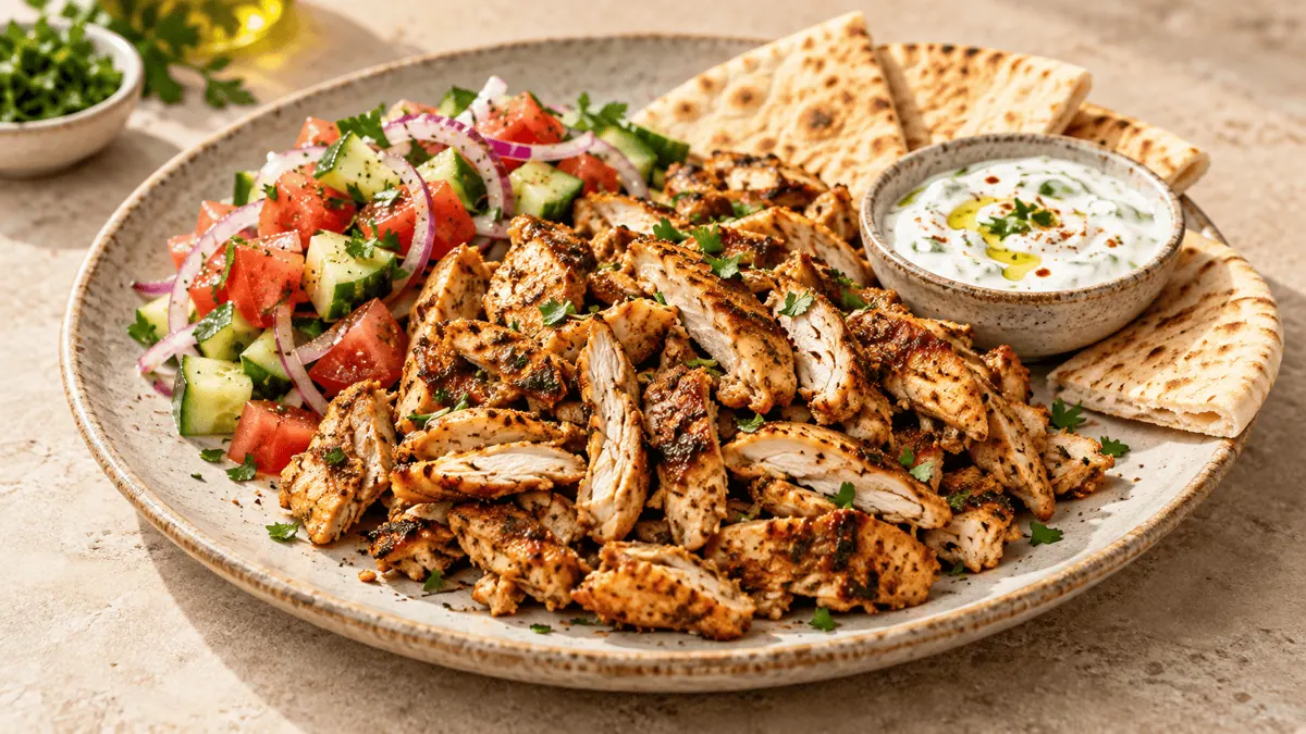 Poulet shawarma épicé avec salade, sauce au yaourt et pain pita