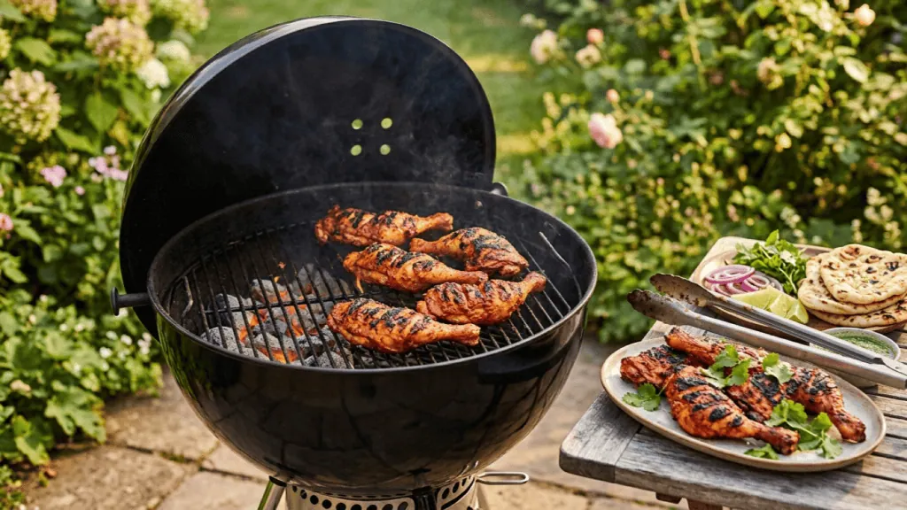Poulet tandoori grillé au barbecue à charbon dans un jardin, plat garni d’oignons, citron vert, chutney et naans