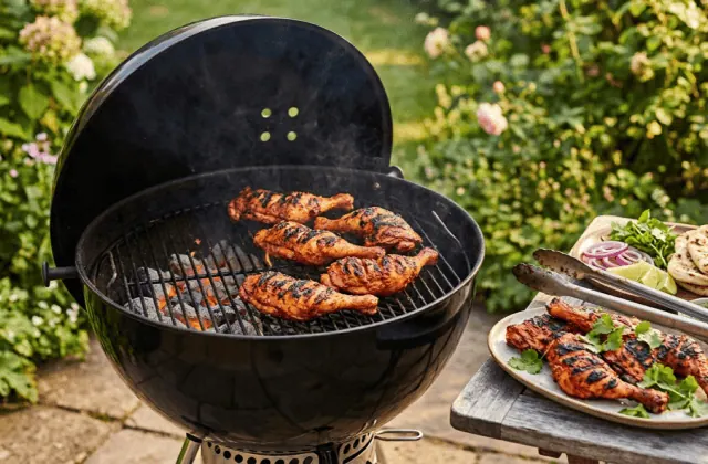 Poulet tandoori grillé au barbecue à charbon dans un jardin, plat garni d’oignons, citron vert, chutney et naans