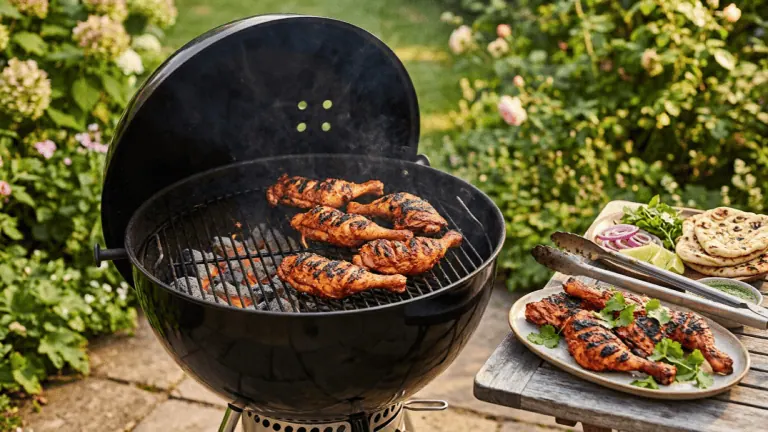 Poulet tandoori grillé au barbecue à charbon dans un jardin, plat garni d’oignons, citron vert, chutney et naans