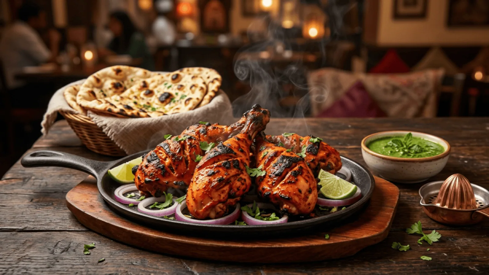Poulet tandoori sur plaque en fonte : cuisses et pilons rouge-orangé grillés, oignons rouges, citron vert, coriandre, chutney à la menthe et naans