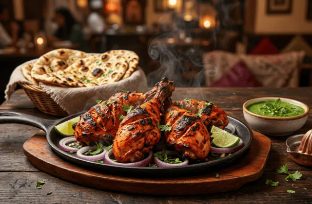 Poulet tandoori sur plaque en fonte : cuisses et pilons rouge-orangé grillés, oignons rouges, citron vert, coriandre, chutney à la menthe et naans