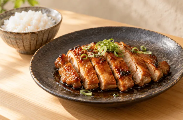 Poulet teriyaki japonais tranché avec riz blanc