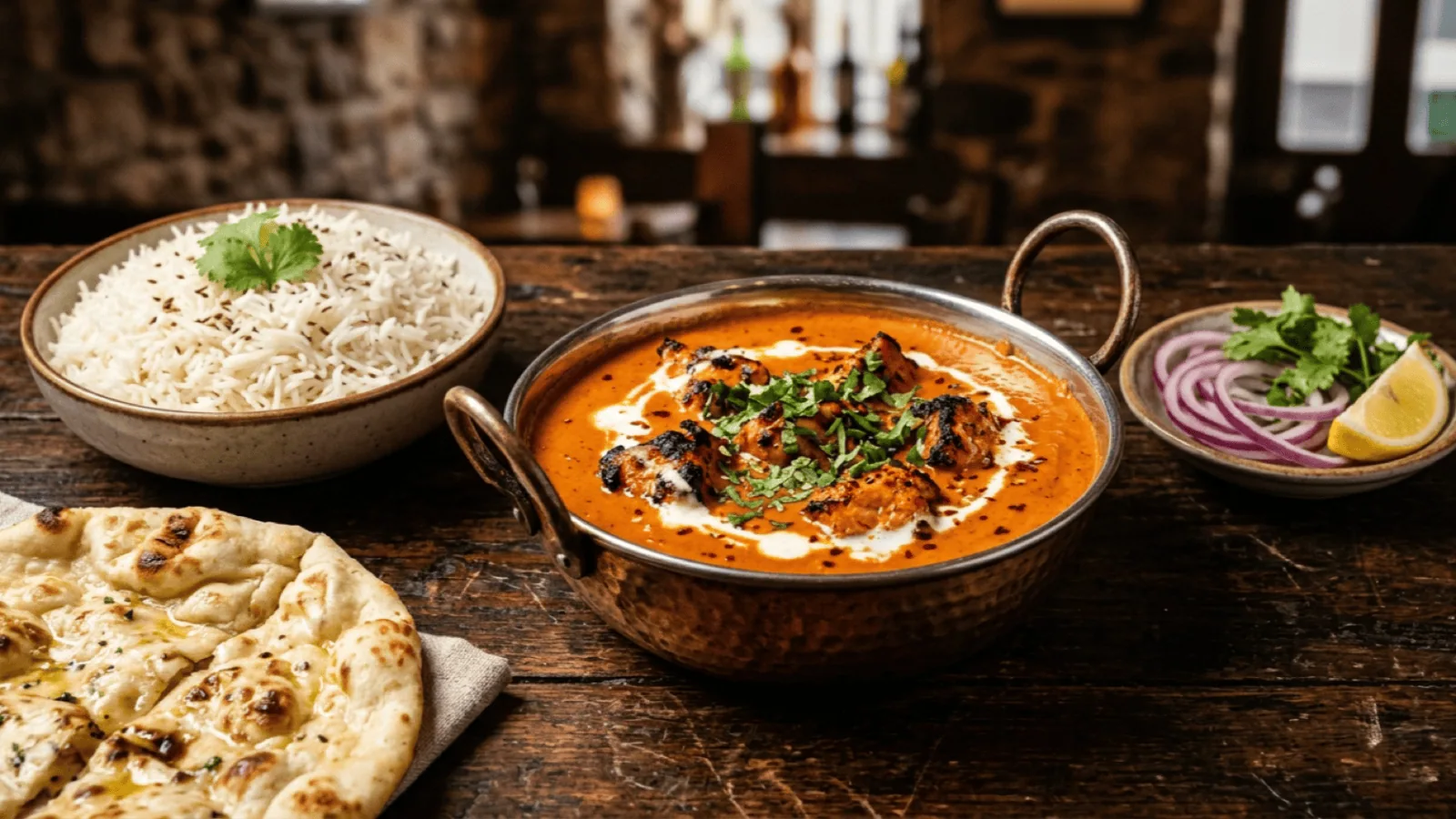 Poulet tikka masala en karahi de cuivre : morceaux de poulet grillé dans une sauce tomate crémeuse orangée, riz basmati et naan