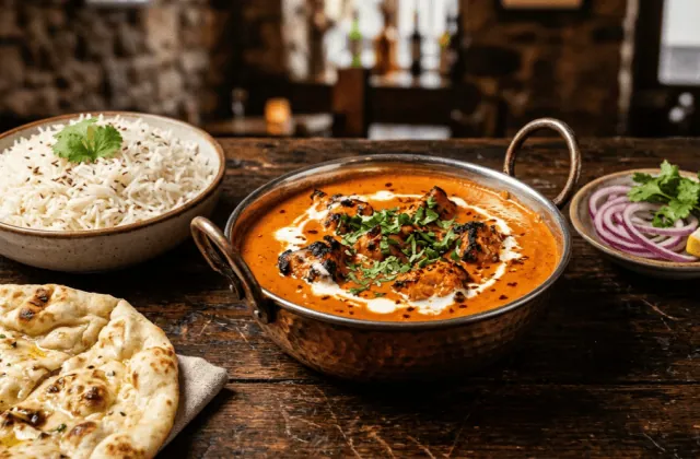 Poulet tikka masala en karahi de cuivre : morceaux de poulet grillé dans une sauce tomate crémeuse orangée, riz basmati et naan