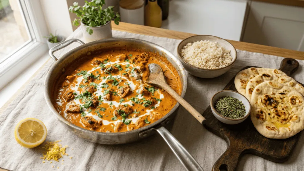 Poulet tikka masala maison dans la sauteuse avec riz basmati, naans, citron et kasuri methi