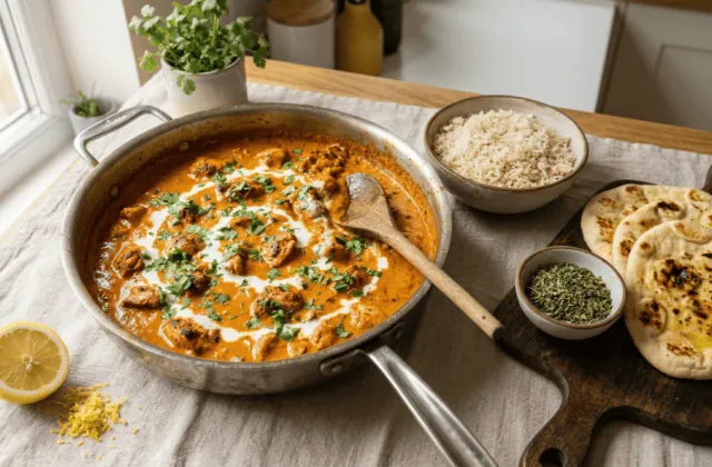 Poulet tikka masala maison dans la sauteuse avec riz basmati, naans, citron et kasuri methi