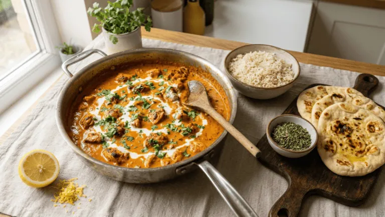 Poulet tikka masala maison dans la sauteuse avec riz basmati, naans, citron et kasuri methi