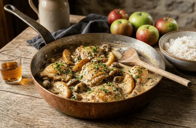 Poulet vallée d’Auge en sauteuse cuivrée, sauce crème au calvados, champignons et pommes caramélisées, riz et verre de calvados
