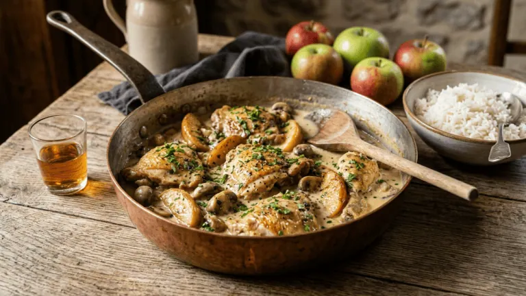 Poulet vallée d’Auge en sauteuse cuivrée, sauce crème au calvados, champignons et pommes caramélisées, riz et verre de calvados