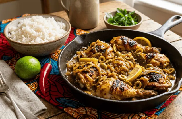 Poulet yassa dans une poêle, poulet grillé sous les oignons confits au citron, olives vertes, riz blanc et citron vert