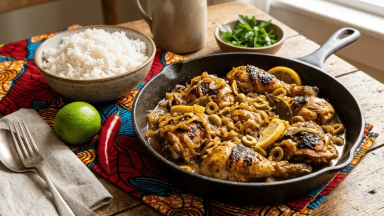 Poulet yassa dans une poêle, poulet grillé sous les oignons confits au citron, olives vertes, riz blanc et citron vert