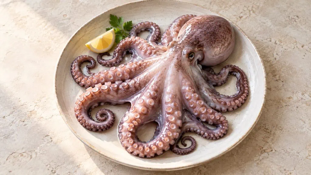 Poulpe cru frais avec ses tentacules sur une assiette en grès clair