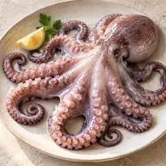 Poulpe cru frais avec ses tentacules sur une assiette en grès clair