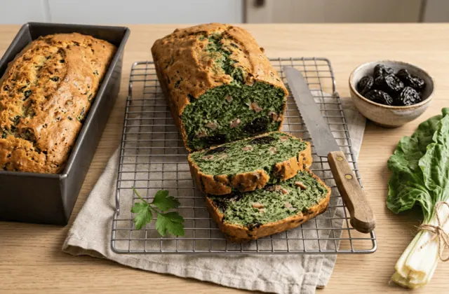 Pounti maison aux pruneaux et aux blettes, dans son moule et tranché sur une grille, mie verte aux lardons et pruneaux