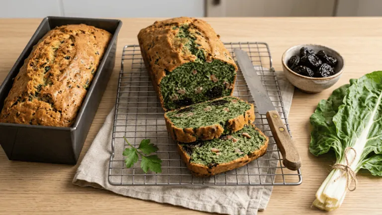 Pounti maison aux pruneaux et aux blettes, dans son moule et tranché sur une grille, mie verte aux lardons et pruneaux
