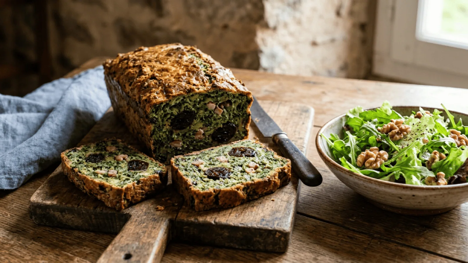 Pounti auvergnat démoulé sur une planche, tranches à la mie verte aux blettes, lardons et pruneaux, avec une salade aux noix