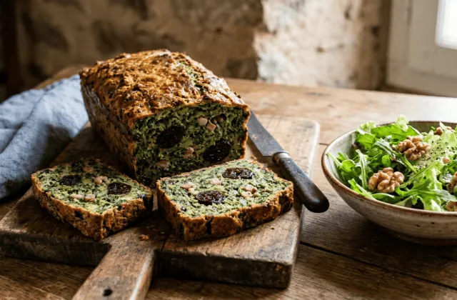 Pounti auvergnat démoulé sur une planche, tranches à la mie verte aux blettes, lardons et pruneaux, avec une salade aux noix
