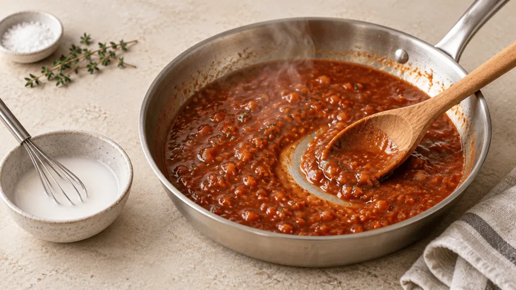 Sauce réduite dans une poêle avec fécule délayée